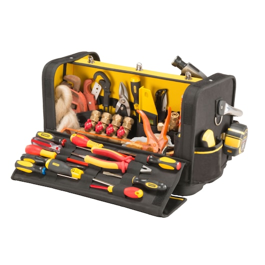 STANLEY FMST1-70719 tool bag with organized hand tools and accessories, black and yellow, front angle.
