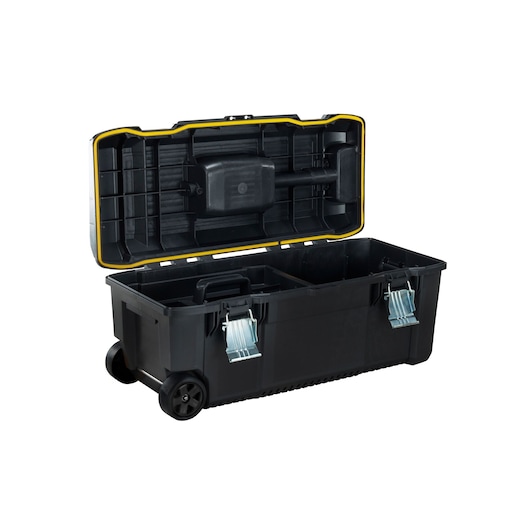 Photo of STANLEY FMST1-75761 large black wheeled toolbox with open lid and metal latches, front angle on white background.