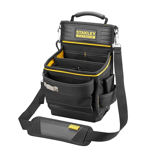 STANLEY FMST17624-1 tool bag, black fabric with yellow trim, open pockets, shoulder strap, front angle on white.