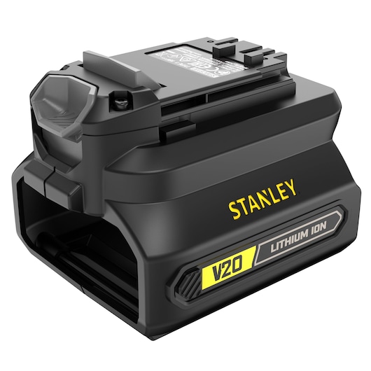 STANLEY SFMCB100 V20 Lithium Ion battery front angle photo, black casing with yellow branding.