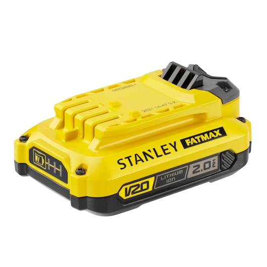 STANLEY SFMCB202 V20 lithium ion battery, yellow and black, angled side view.