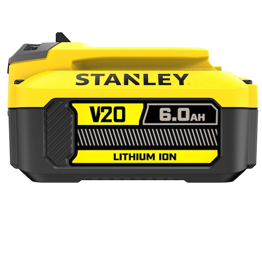 Photo of STANLEY FATMAX SFMCB206 V20 6.0Ah lithium ion battery, front angle, yellow and black casing.