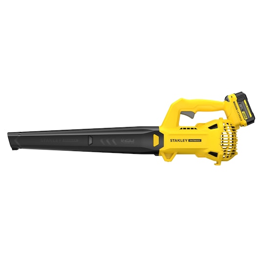 Photo of STANLEY SFMCBL714M1 yellow and black cordless leaf blower, side angle on white background.