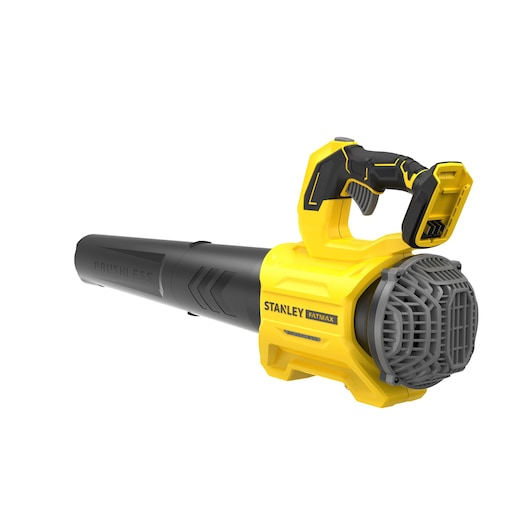 Stanley SFMCBL730B cordless leaf blower, yellow and black, front angle on white background.