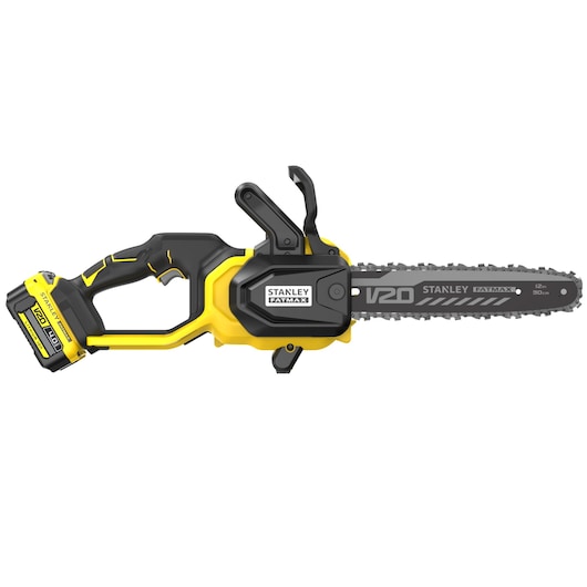 Photo of STANLEY SFMCCS730M1 cordless chainsaw, yellow and black, side view on white background.
