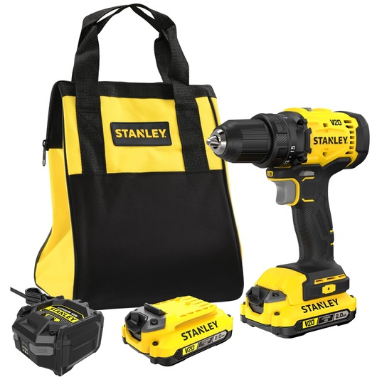 Stanley cordless drill kit with bag, charger, and two batteries. Yellow and black design.