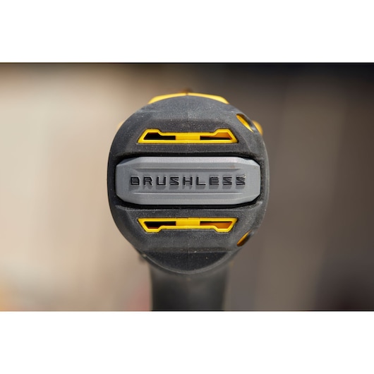 STANLEY SFMCD710C2K brushless drill, close-up front photography showing branding and yellow highlights.
