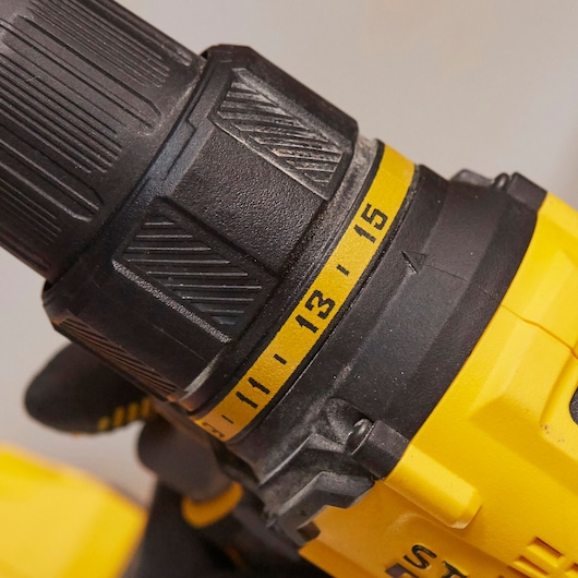 STANLEY SFMCD710C2K close-up of drill torque adjustment ring, yellow and black photography.