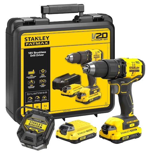 STANLEY SFMCD710C2K brushless V20 drill driver kit with carry case, two batteries, and charger, front angle.