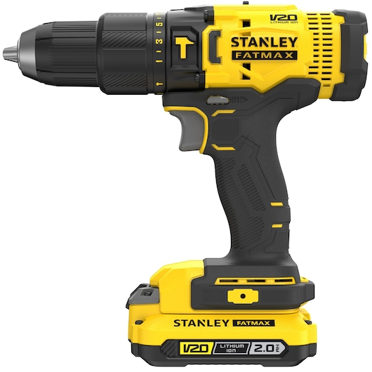 STANLEY SFMCD711D22 cordless drill driver, yellow and black, V20 Lithium Ion, side view on white background.