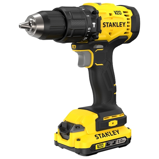 Yellow and black Stanley V20 cordless drill with lithium-ion battery.