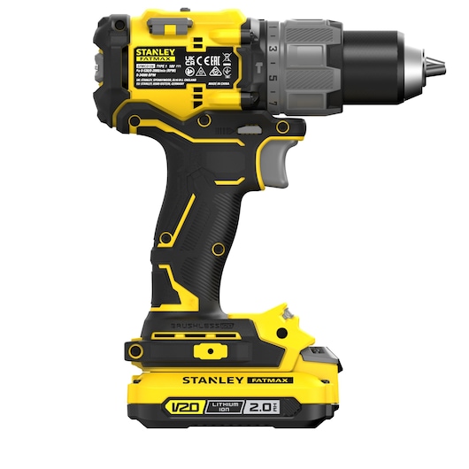 STANLEY SFMCD726D2K cordless drill, V20 Lithium Ion 2.0Ah, black and yellow, left side view, white background.