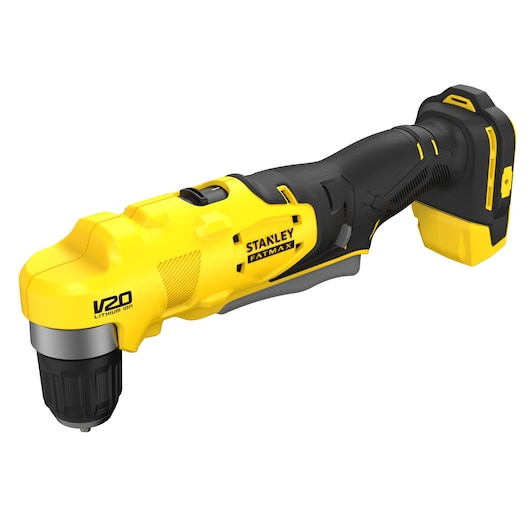 STANLEY SFMCD750B cordless right angle drill, yellow and black, product side view on white background.