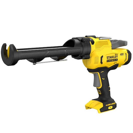 STANLEY SFMCE600B cordless caulking gun, yellow and black, product side view on white background.