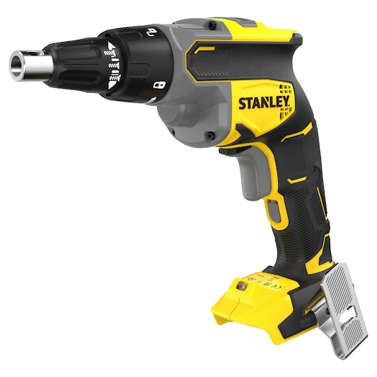 STANLEY SFMCF600B cordless drywall screwdriver, yellow and black, side angle, white background.