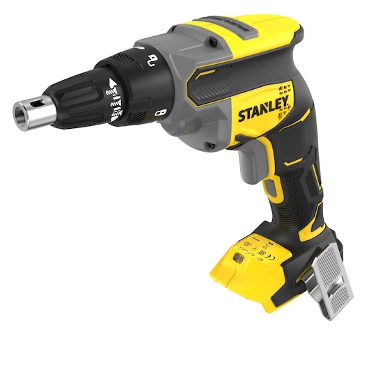 Photo of STANLEY SFMCF600B cordless screw gun, yellow and black, side angle on white background.