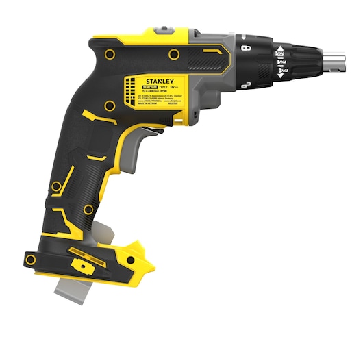 STANLEY SFMCF600B cordless screwdriver, side view, black and yellow, ergonomic handle, white background.