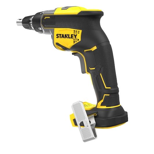 STANLEY SFMCF600B cordless screwdriver, side angle, black and yellow body, ergonomic grip, metal belt clip.