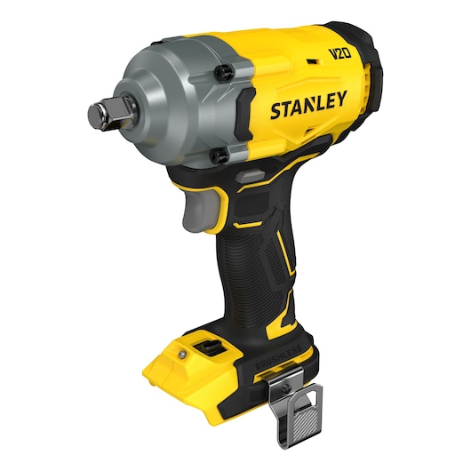 Stanley V20 cordless impact wrench with brushless motor, yellow and black, shown without battery.