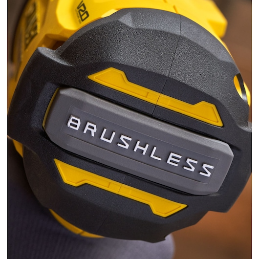 STANLEY SFMCF940B close-up photo of black and yellow brushless power tool housing with detailed label.