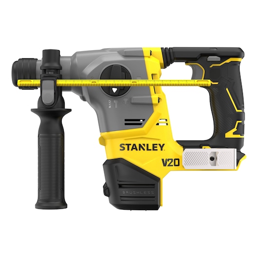 Photo of STANLEY SFMCH910B V20 cordless brushless rotary hammer drill, side view, yellow and black housing.