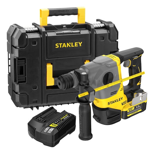 Stanley cordless rotary hammer drill kit with battery, charger, and hard carrying case displayed on white background.
