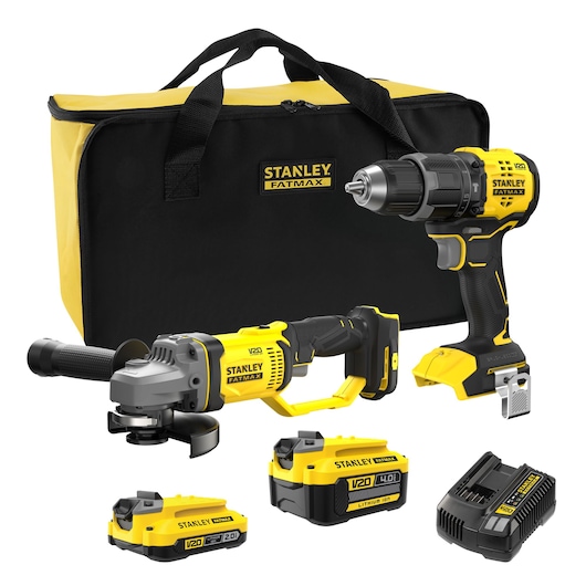 STANLEY SFMCK208MDS tool kit with drill, grinder, batteries, charger, and carry bag, front angle.