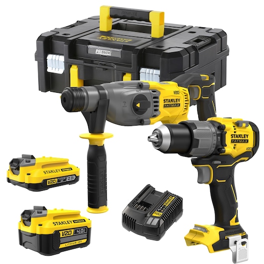 STANLEY SFMCK216MDT V20 tool kit with hammer drill, impact driver, batteries, charger, and case, front view.