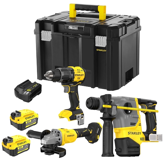 Stanley tool kit with drill, grinder, rotary hammer, batteries, charger and black case included.