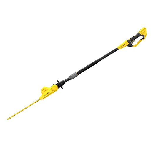 STANLEY SFMCPH845B cordless pole hedge trimmer, black and yellow, side view on white background.