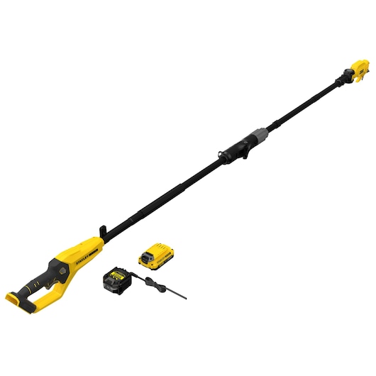 STANLEY SFMCPP632D1 cordless pole pruning saw set, yellow and black, product side angle on white background.