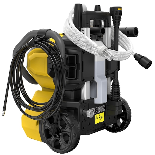 STANLEY SFMCPW1500B pressure washer, rear angle, black and yellow, wheels and hose storage, white background.