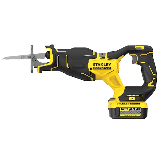 STANLEY SFMCS311M1T cordless reciprocating saw, yellow and black, side view on white background.