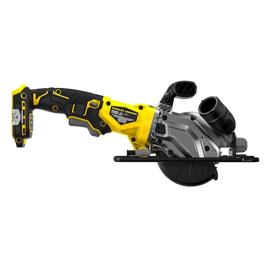 STANLEY SFMCS515B cordless circular saw side view, yellow and black with ergonomic handle and visible battery slot.