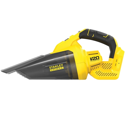 STANLEY SFMCVH001B handheld vacuum with yellow and black design, side angle on white background.