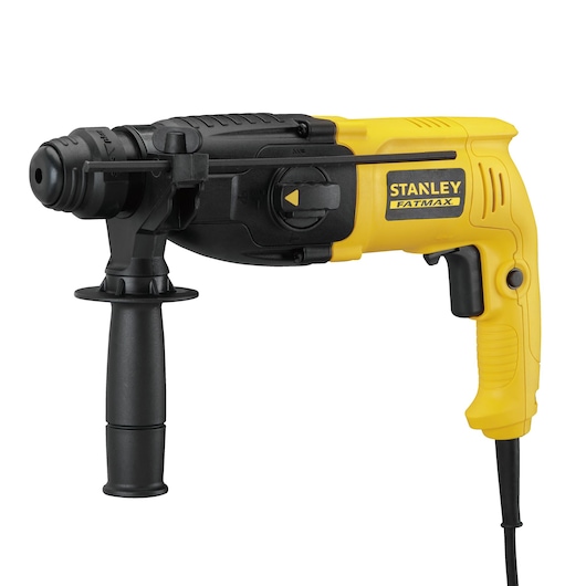 Photo of STANLEY SFMEH200K rotary hammer drill, yellow and black, side view on white background.