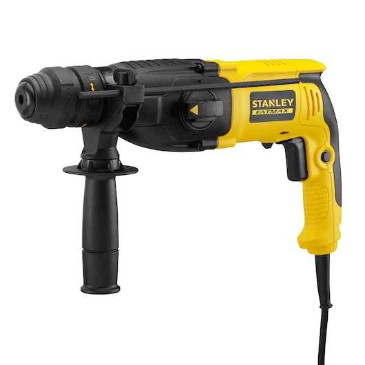 STANLEY SFMEH210K rotary hammer drill, yellow and black, side handle, product photo on white background.
