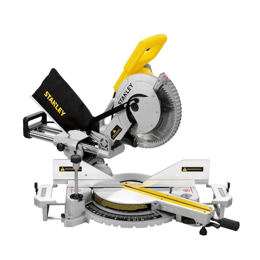 Photo of STANLEY SM1800 sliding compound miter saw, silver with yellow and black accents, side angle on white background.