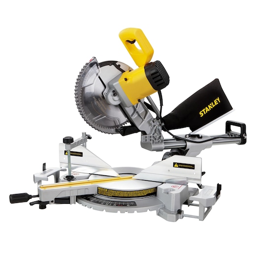 STANLEY SM1800 sliding compound miter saw, yellow and black finish, side view on white background.