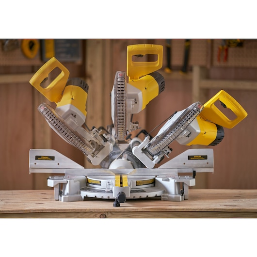 STANLEY SM1800 miter saw, photography of front view showing adjustable cutting angles.