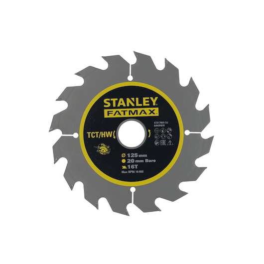 Photo of STANLEY STA17000 circular saw blade, 125mm diameter, silver with black and yellow center, front angle.