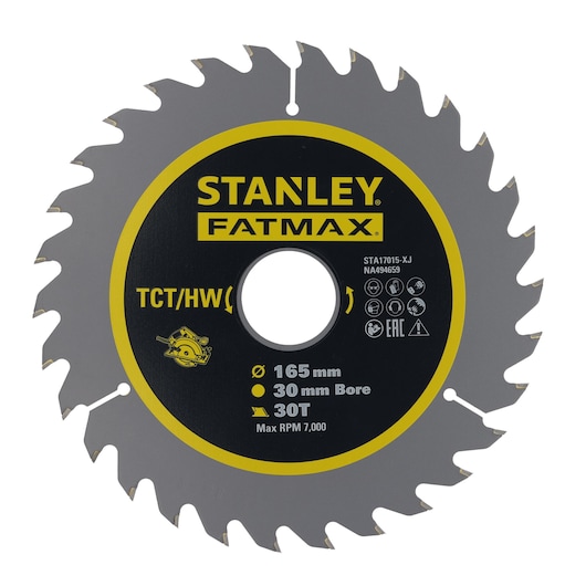 STANLEY STA17015 circular saw blade, 165 mm diameter, 30T, grey and black, front angle on white background.