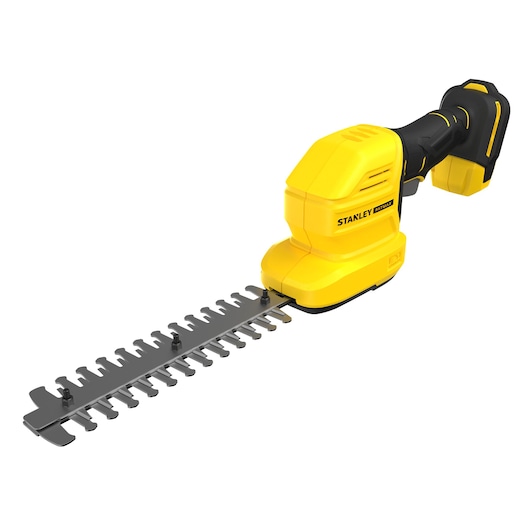 STANLEY STCSS20B cordless yellow shrub shear, side angle on white background.