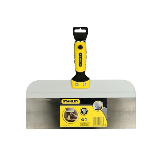 STANLEY STHT0-05776 taping knife with stainless steel blade and yellow-black ergonomic handle, front angle.