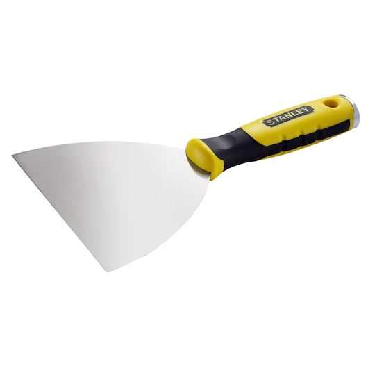 Photo of STANLEY STHT0-05799 putty knife with wide stainless steel blade and yellow-black ergonomic handle, angled view.