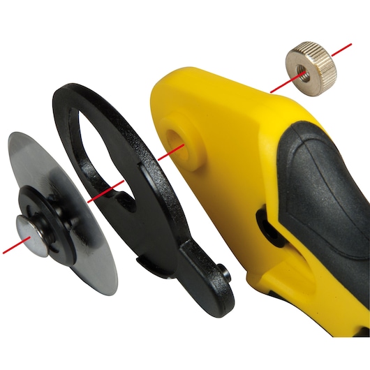 STANLEY STHT0-10194 rotary cutter parts shown disassembled, yellow and black handle, blade, screw, side angle.