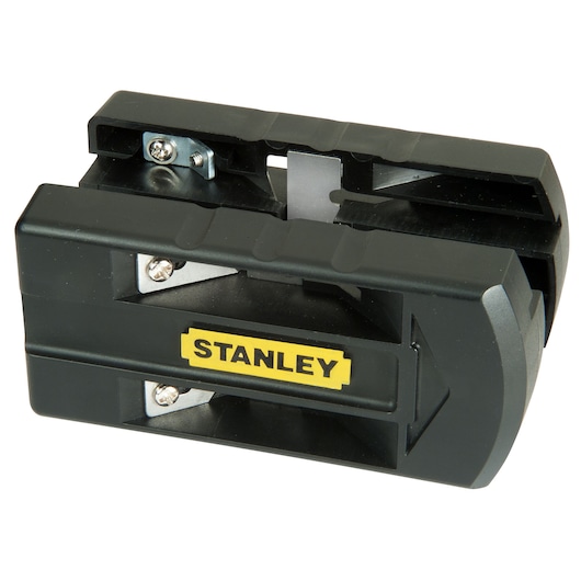 Photo of STANLEY STHT0-16139 black pencil sharpener with yellow logo, side angle on white background.