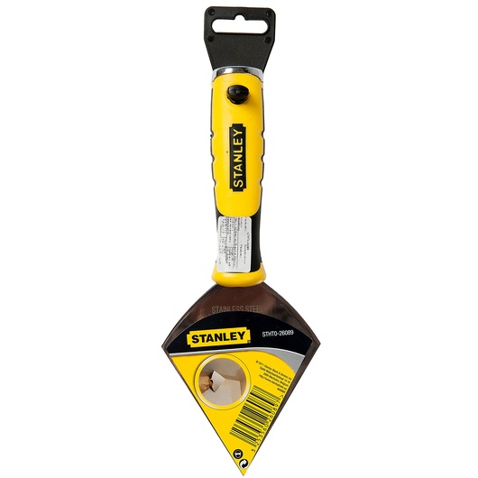 STANLEY STHT0-26089 stainless steel scraper with yellow and black ergonomic handle, front view on white background.