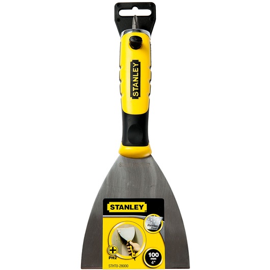 Photo of STANLEY STHT0-28000 stainless steel putty knife, yellow and black handle, front angle.