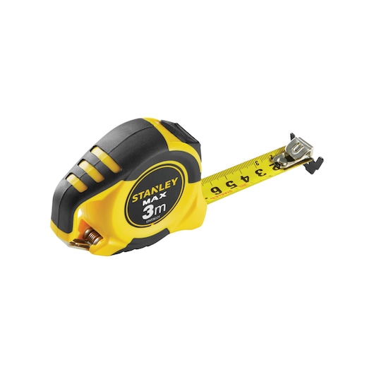 Stanley 3m yellow and black tape measure with metal hook, partially extended, shown on a white background.